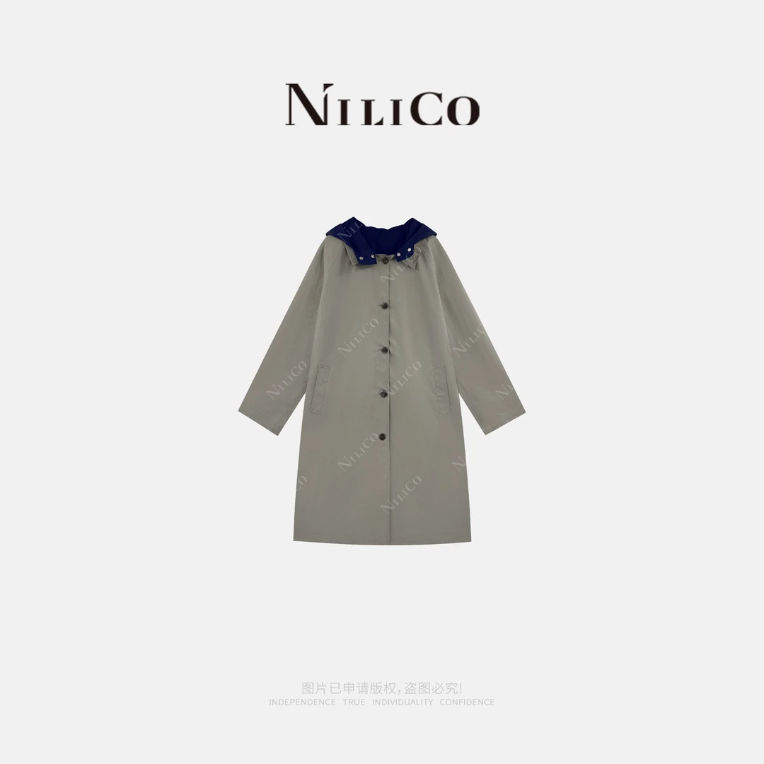 NILICO【雅典娜】高级休闲中长款撞色假两件立领连帽风衣