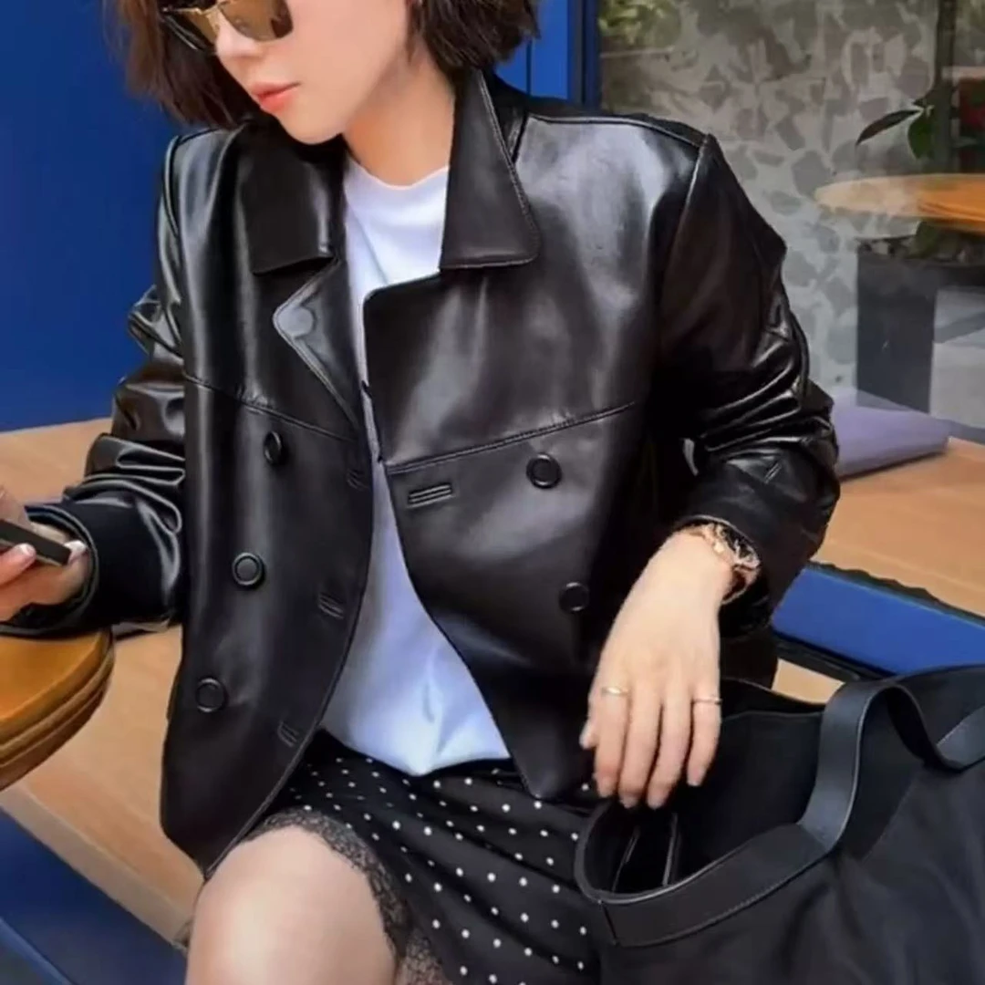 《刘夫人推荐》真皮皮衣微廓真皮女西装短款皮衣网红修身型外套黑色