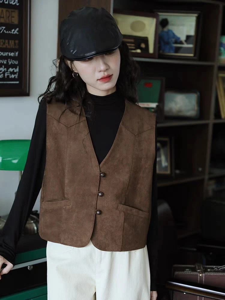 25年秋冬新款复古V领麂皮绒马甲背心女外搭