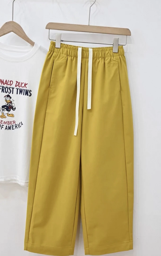 【冯七七】抗皱显瘦夏季薄款欧货松紧高腰刺绣口袋休闲裤