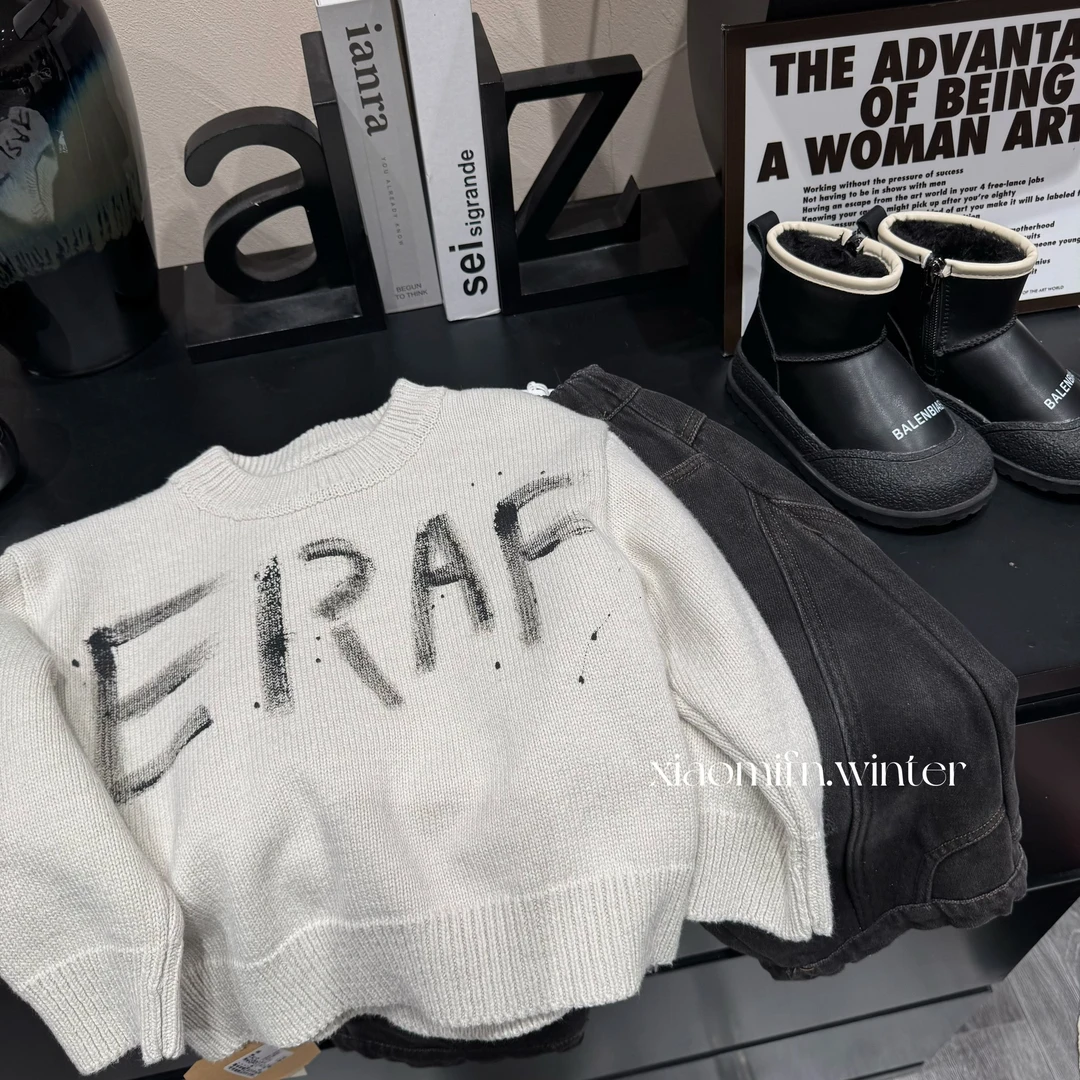 现货【米哆多】韩版男童2024秋款手绘字母针织儿童圆领加厚毛衣556