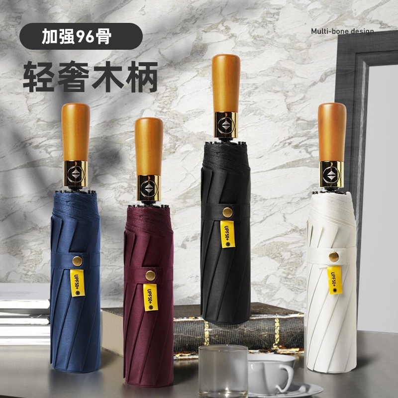 全自动木柄伞高级感三龙骨黑胶防晒遮阳抗风男商务晴雨伞防风