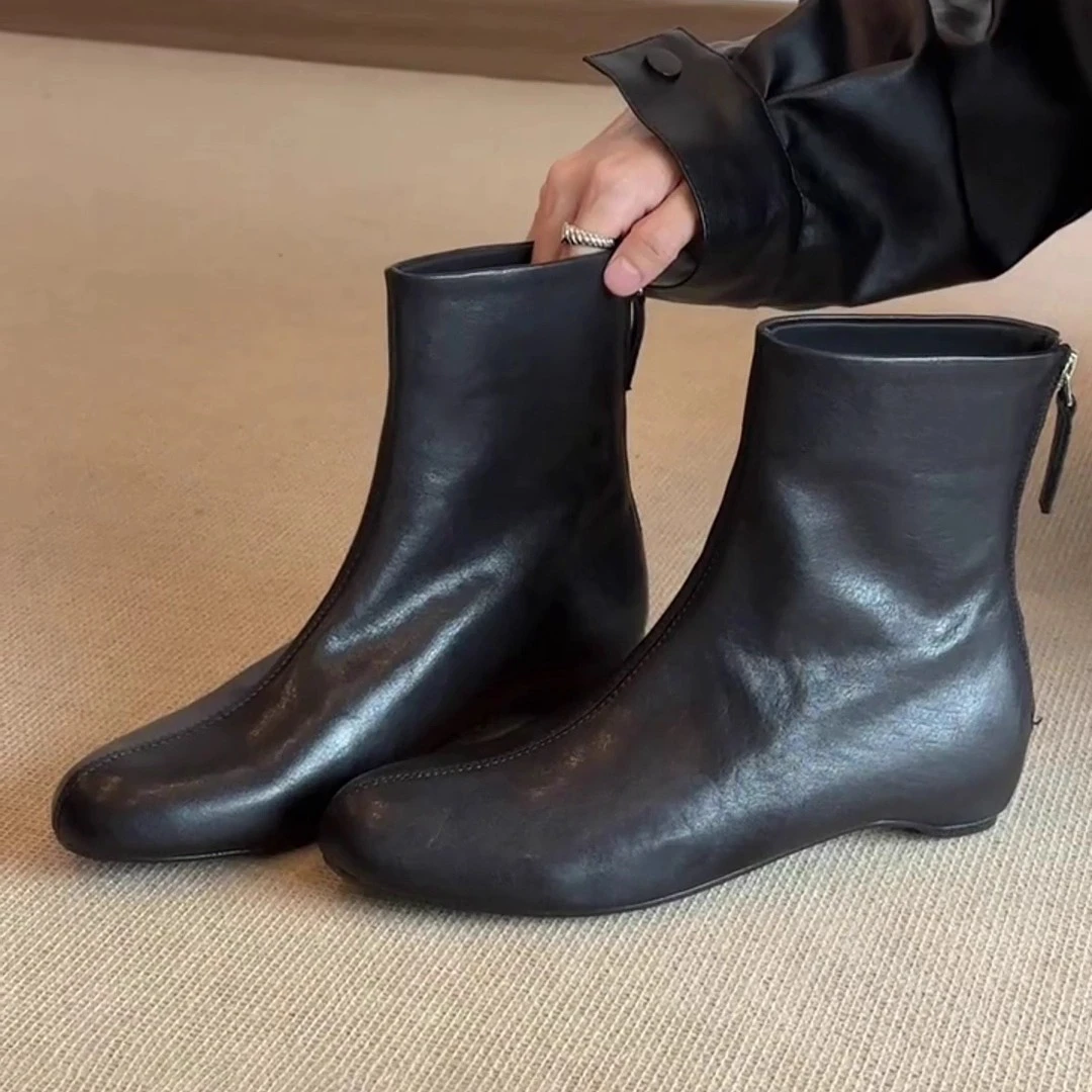 全羊皮~2025新款法式复古方头粗跟短靴女真皮马丁靴切尔西靴子