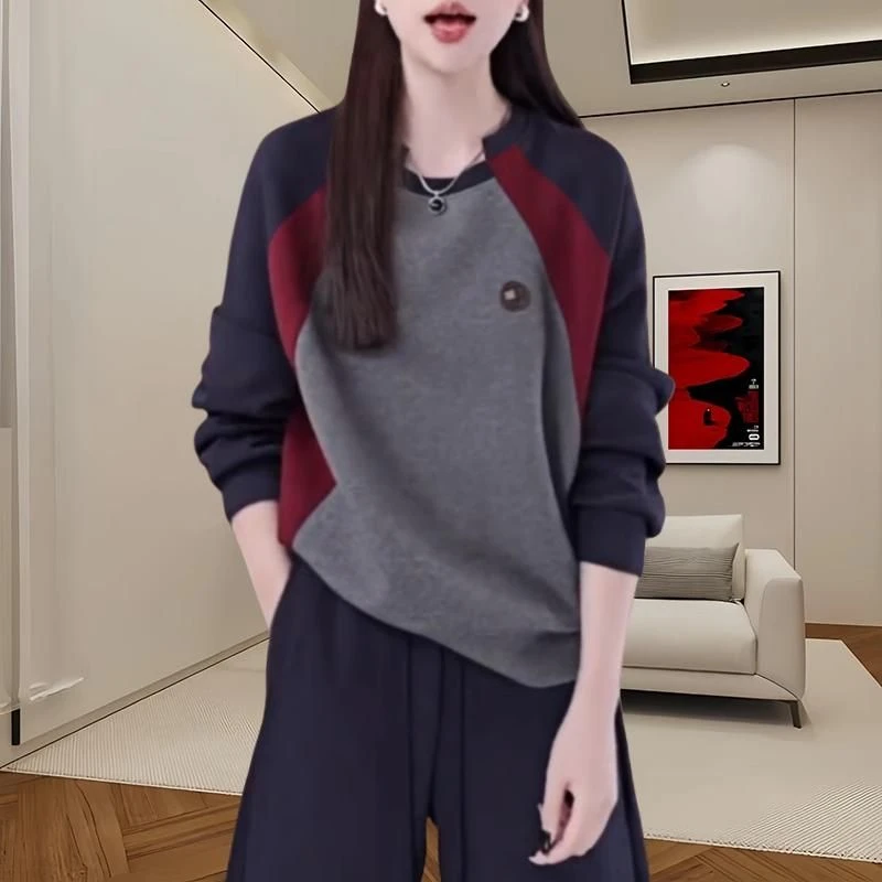 2025年春季新款长袖卫衣女不规则圆领套头上衣遮肚显瘦春秋打底衫