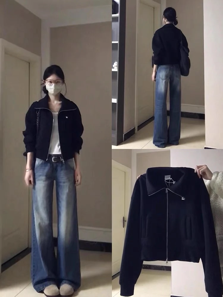 黑色空气层翻领卫衣外套女春秋设计感宽松百搭小个子短款拉链上衣