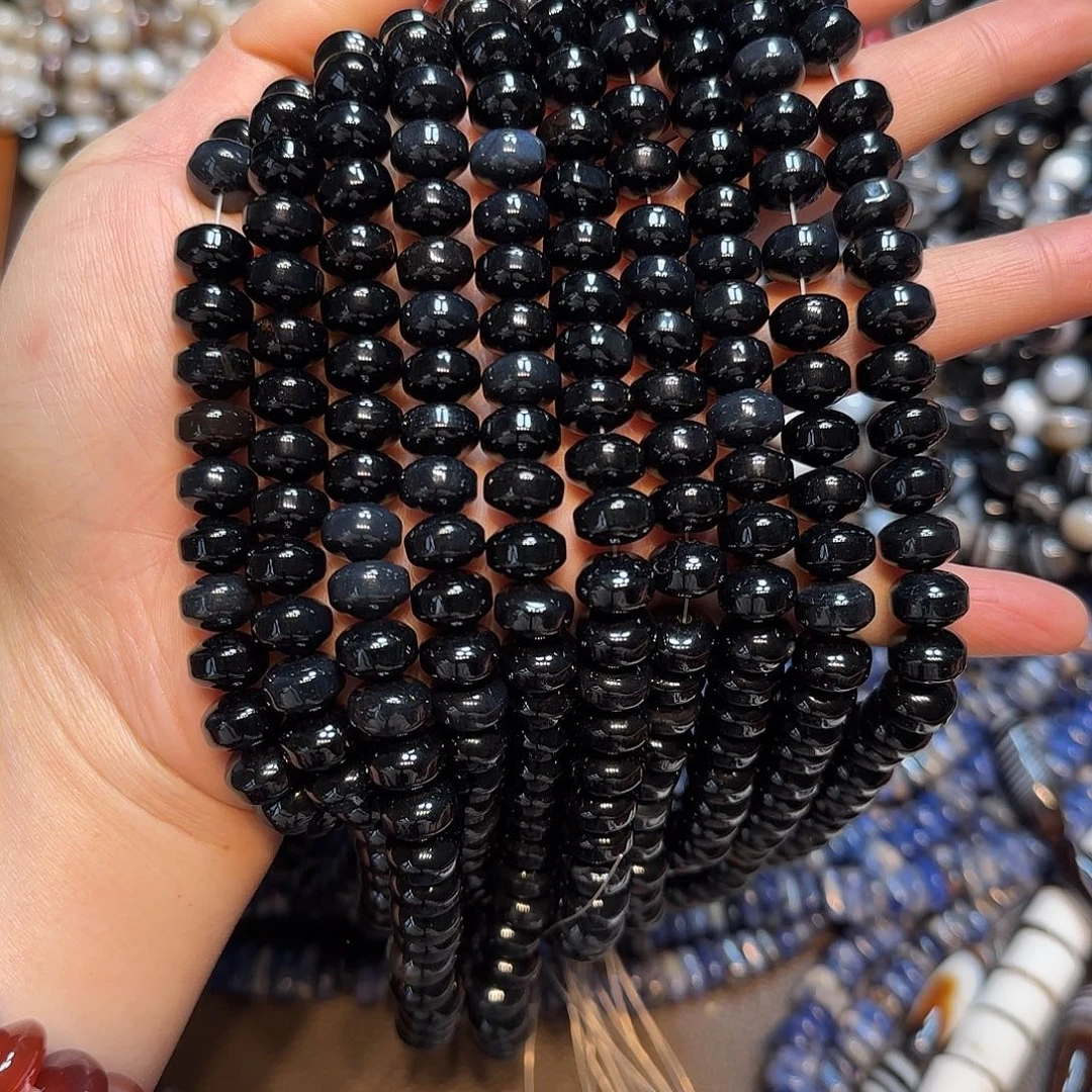 玛瑙/玉髓未镶嵌珠宝半成品10mm黑玛瑙车轮一条