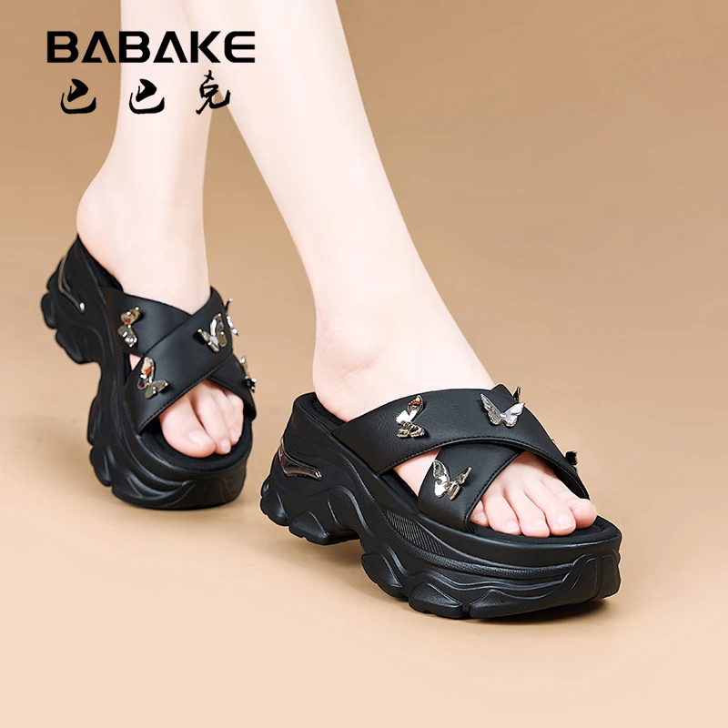 巴巴克QC2025夏7CM厚底增高半拖凉鞋时尚透气沙滩休闲女鞋6095-15