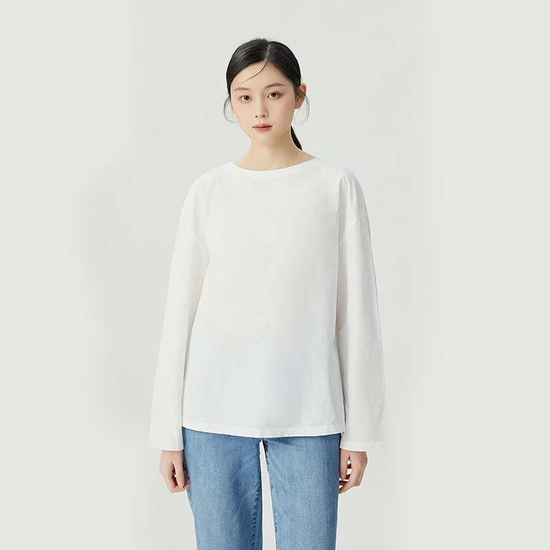 阿玛施AMASS百搭休闲圆领拉链宽松素面套头长袖纯色T恤5301090