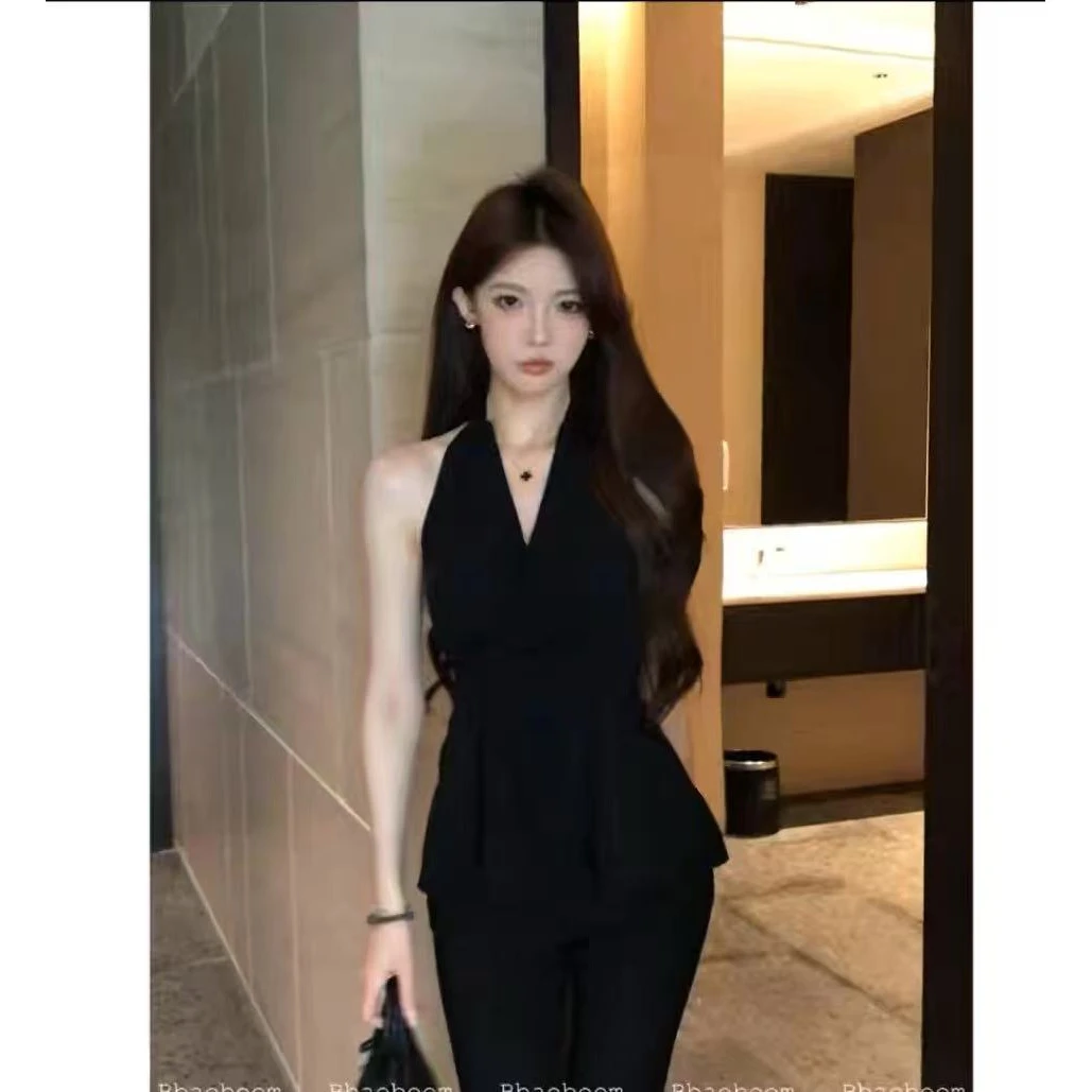 暴暴家 温柔气质挂脖露背收腰系带v领无袖上衣+百搭微喇长裤套装