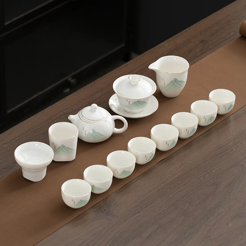 晟翔羊脂玉茶具白瓷套装—又见青山茶壶盖碗主人杯12件套加2杯