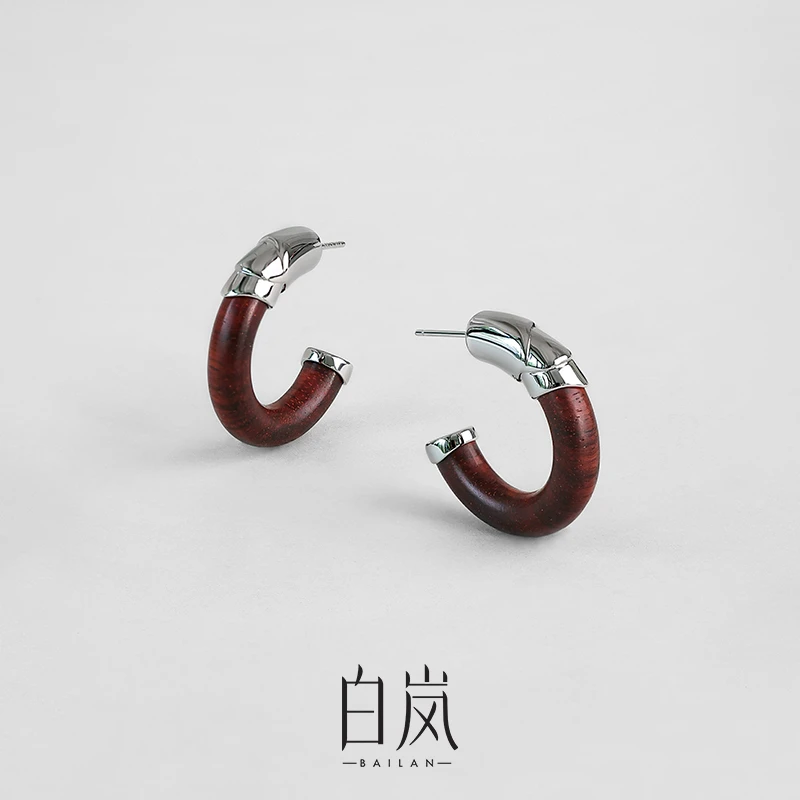 苍岩耳圈官方正品天然小叶紫檀纯银耳饰古风耳环ED4713