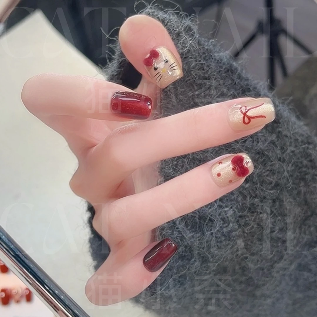 【短方/豆豆】红丝绒Kitty 穿戴甲满钻美甲贴片可拆卸30片全尺码装②