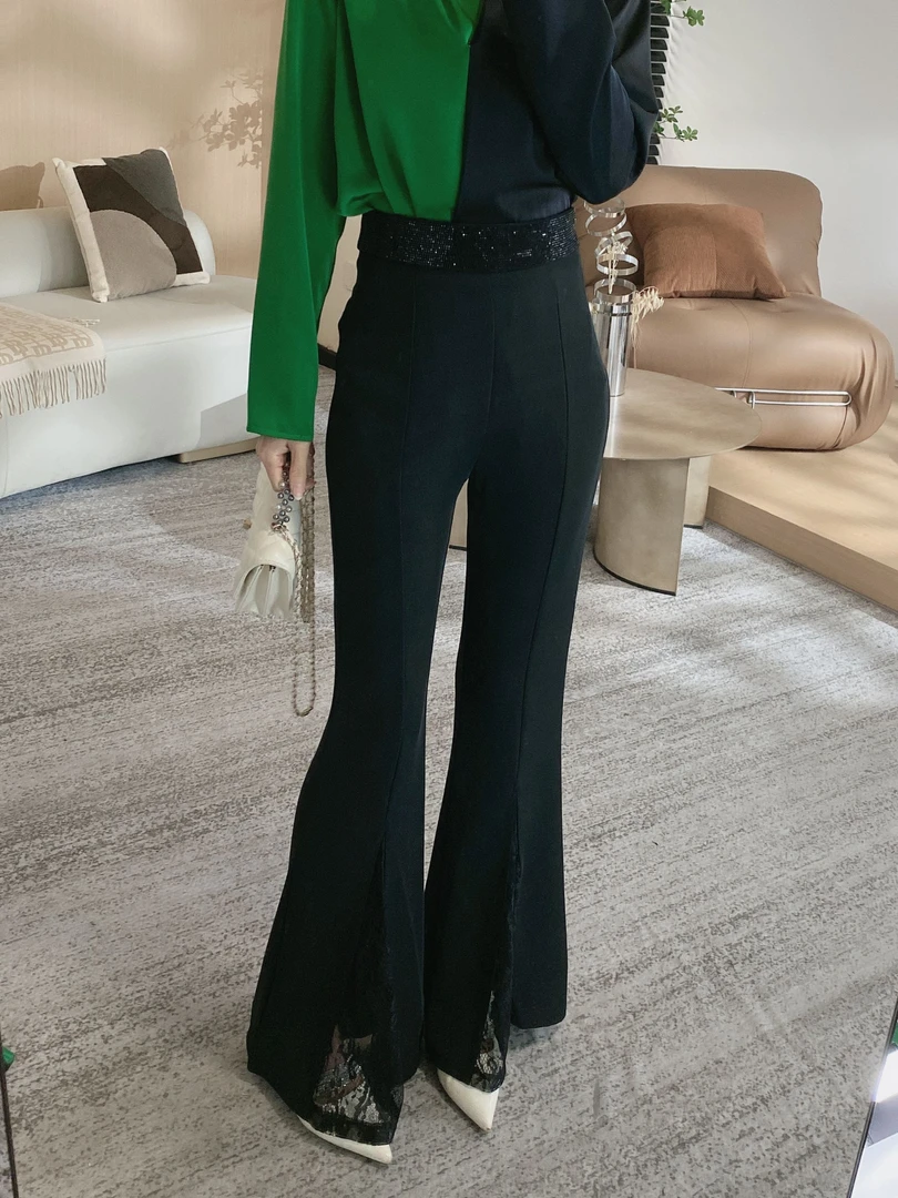 烫钻腰蕾丝拼接微喇裤7722