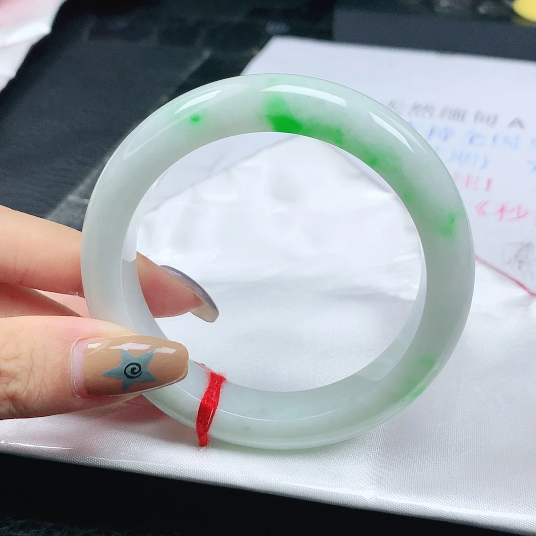 翡翠未镶嵌手镯翡翠57.4白底青飘阳绿正圈