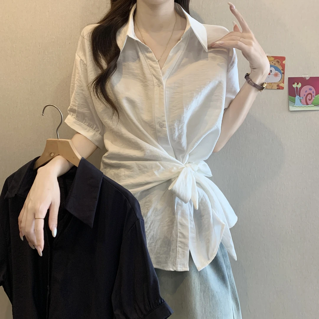 Polo领不规则系带收腰衬衫女夏季大码胖妹妹别致小众气质百搭