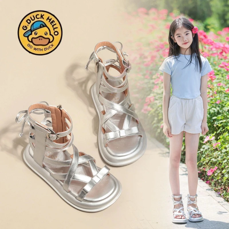 小黄鸭女童凉鞋夏款2025新款软底女孩罗马鞋洋气银色女宝公主鞋