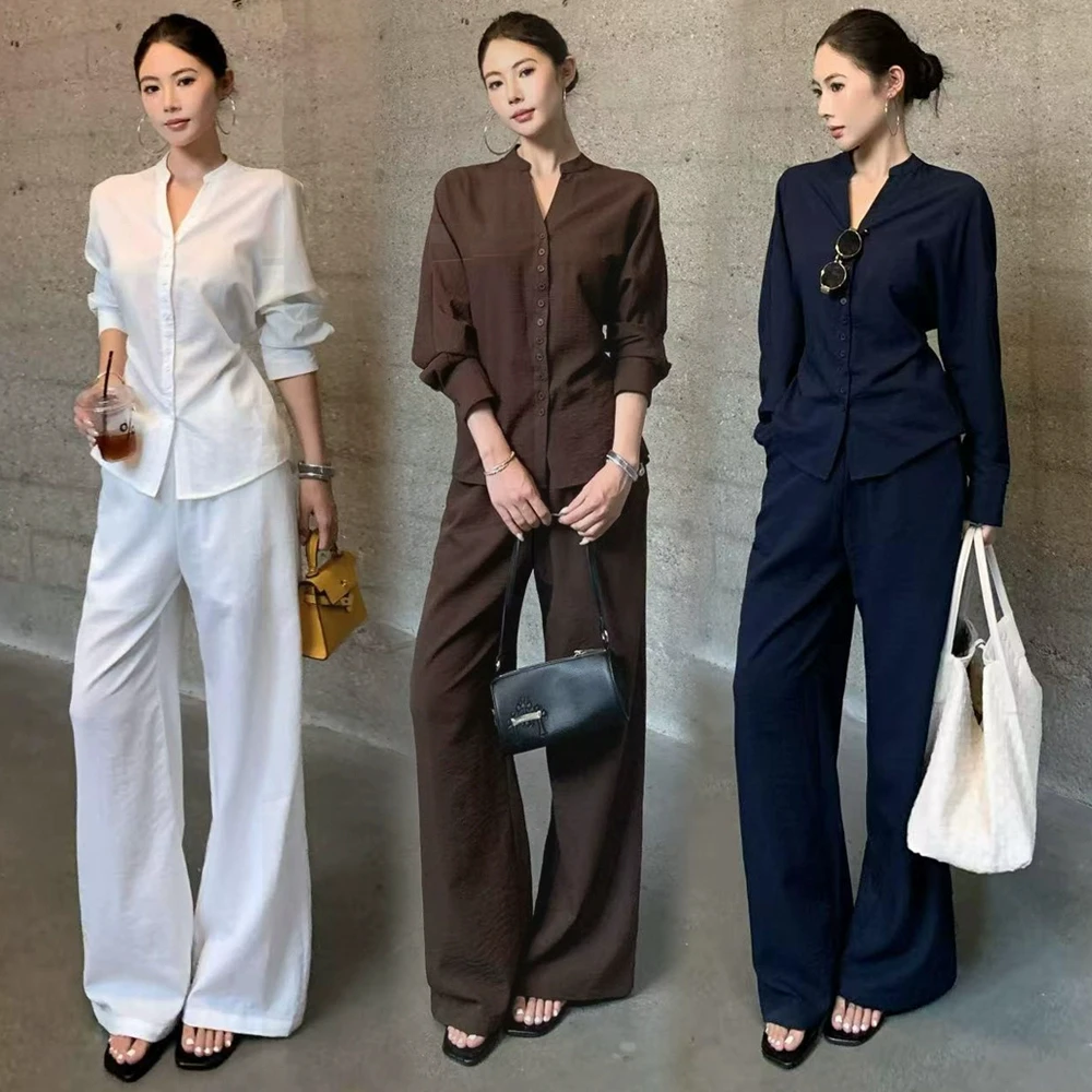 时尚套装女2025秋季新款洋气宽松显瘦长袖衬衫阔腿裤减龄两件套潮