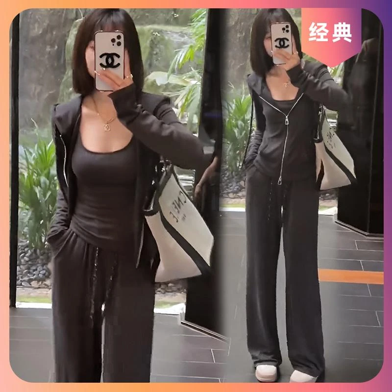 休闲时尚套装女2025春秋新款高级感开衫外套吊带直筒裤盐系三件套