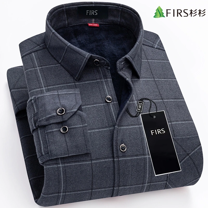 杉杉秋冬季新款男士加绒加厚亲肤保暖衬衣长袖格子双面绒免烫衬衣