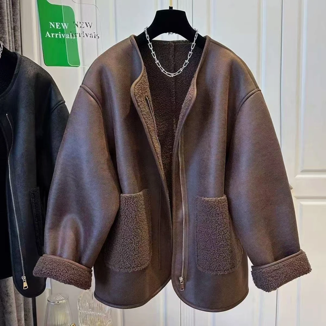 大码超好看拉链皮毛拼接一体圆领外套女上衣保暖休闲2024冬季爆款