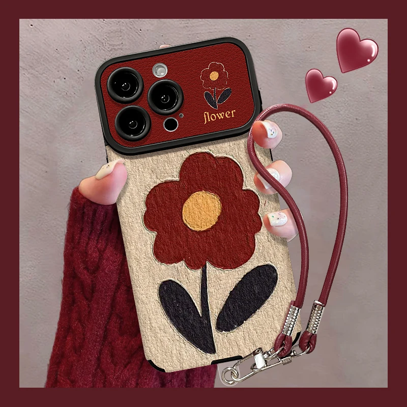 油画红花适用苹果17华为vivo/oppo小米iPhone16大视窗贴皮手机壳