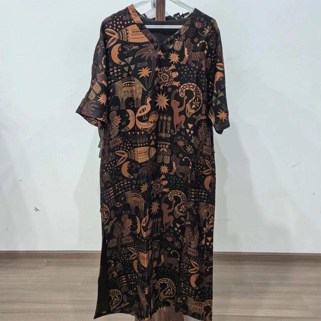 【QC567】香云纱长款百搭春夏提花新中式复古休闲连衣裙