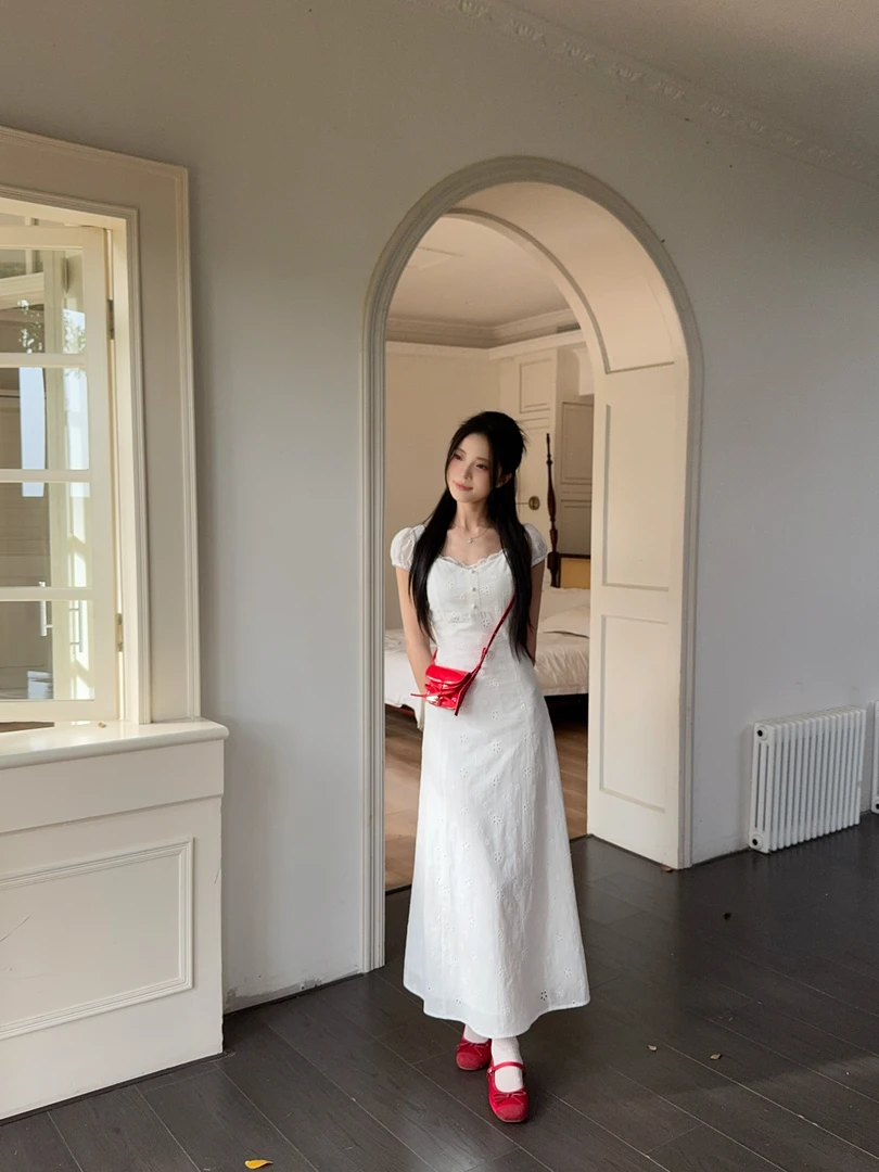 花花大掌柜【白玫瑰】法式温柔风蕾丝镂空度假白色短袖连衣裙