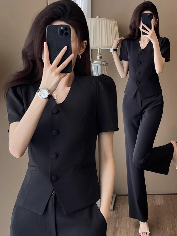2025夏季修身显瘦气质减龄短袖西服上衣直筒西裤百搭时尚西装套装