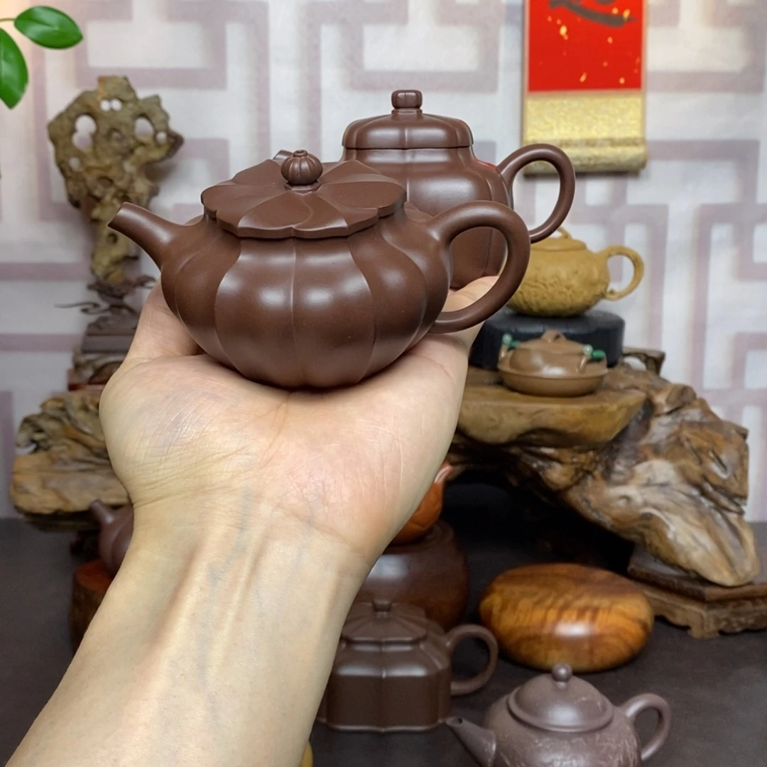 楸***木紫砂茶壶紫砂茶具紫泥明远菱花四方般若