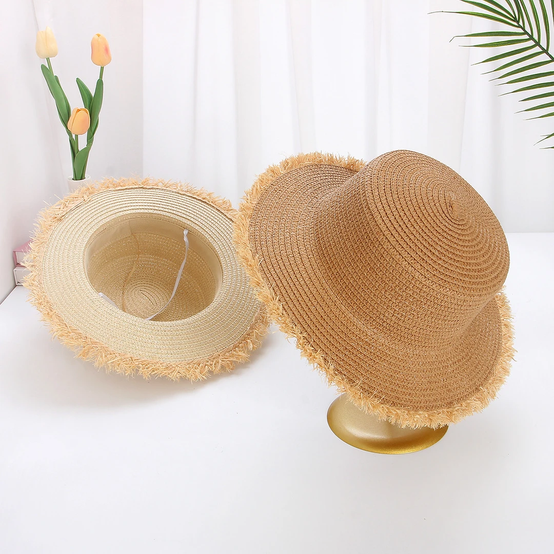 拉菲草编织平顶草帽夏季防晒遮阳帽大帽檐海边度假草帽女光板帽胚