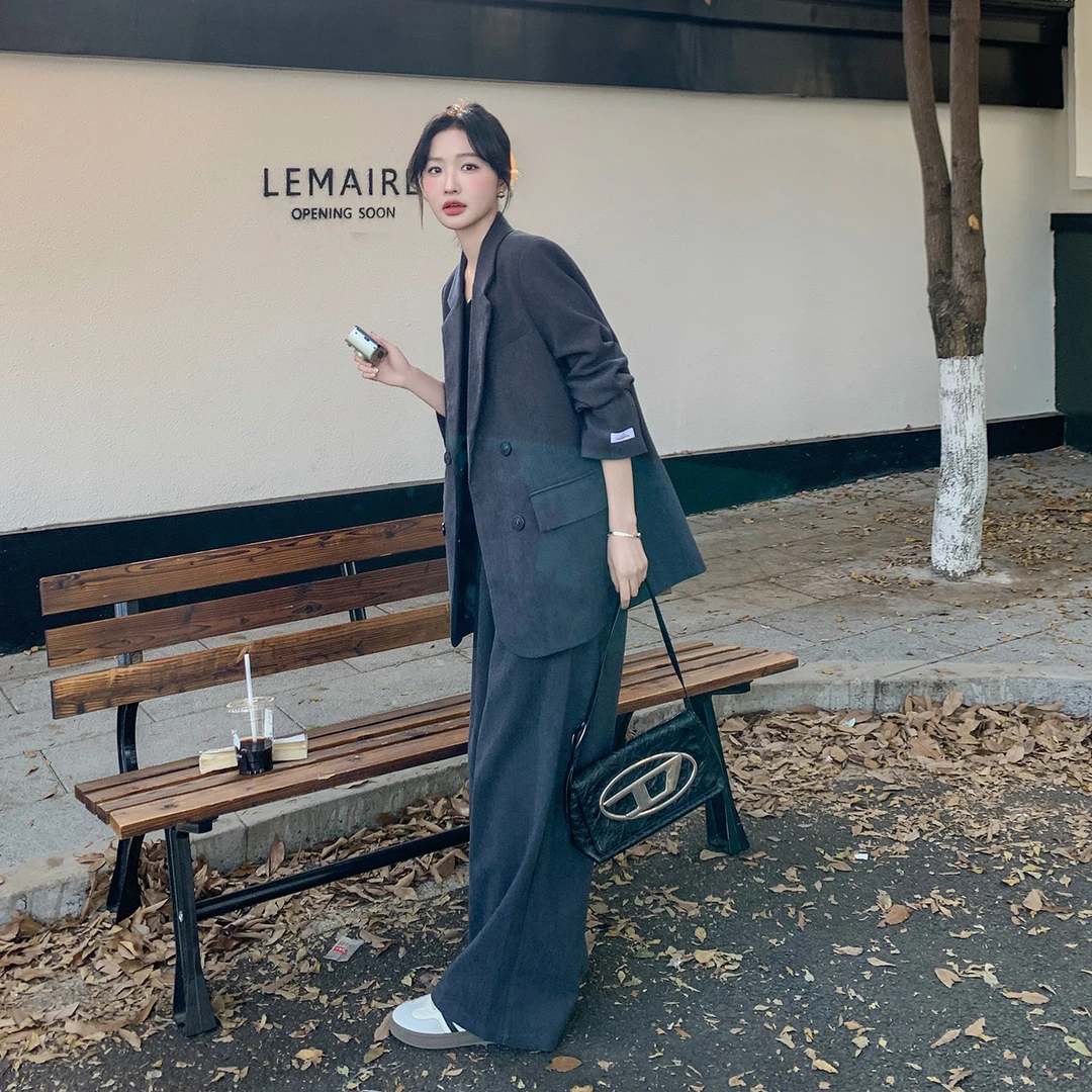 韩系灰色老钱风松弛感西装套装女2025秋款气质小个子阔腿裤两件套