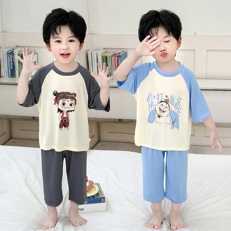 男童睡衣莫代尔夏季薄款儿童哪吒小男孩宝宝卡通空调服家居服套装