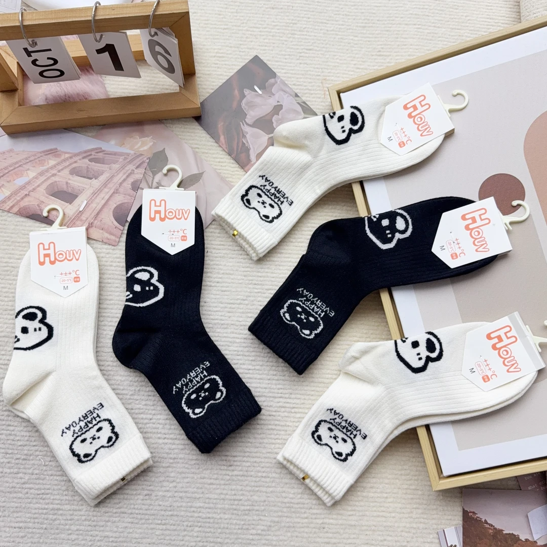 YNS-6206 五双 儿童韩系可爱小熊黑白儿童袜wg