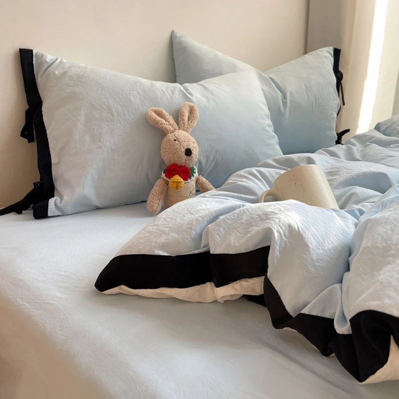 新款水洗棉纯色撞色包边绑带款四件套亲肤柔软床品套件小清新套件