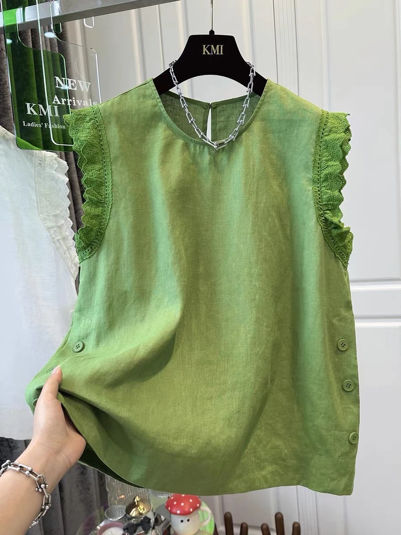 2025夏季法式圆领拼接木耳边蕾丝小飞袖衬衫女上衣宽松减龄女