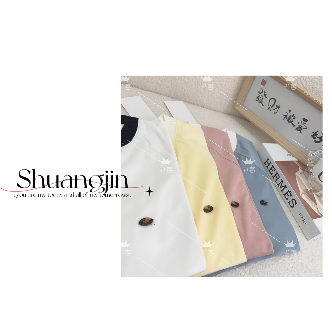 【尹善推荐】韩版春季新品撞色针织领彩色系LOGO短袖T恤