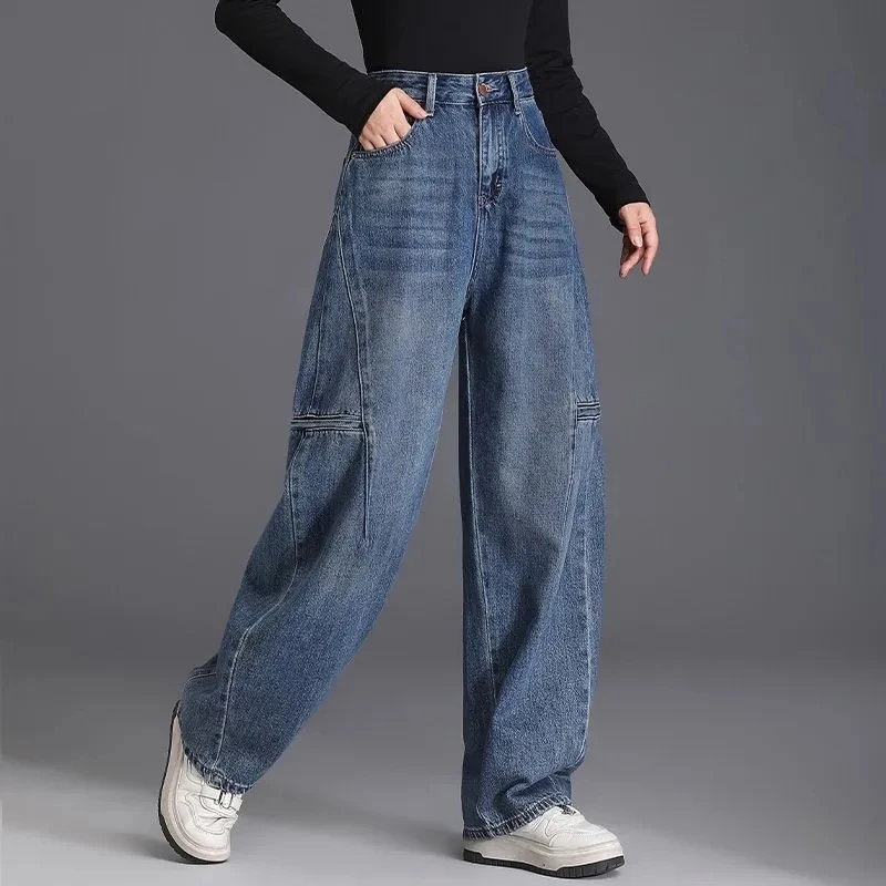 2025年新款复古弯刀裤牛仔裤女春秋款宽松显瘦大码阔腿直筒长裤女