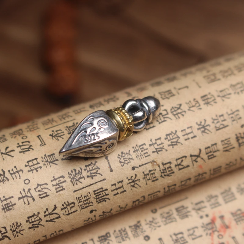 925银银制品 藏式金刚小杵背云线束吊坠搭配百香籽文玩配饰个性