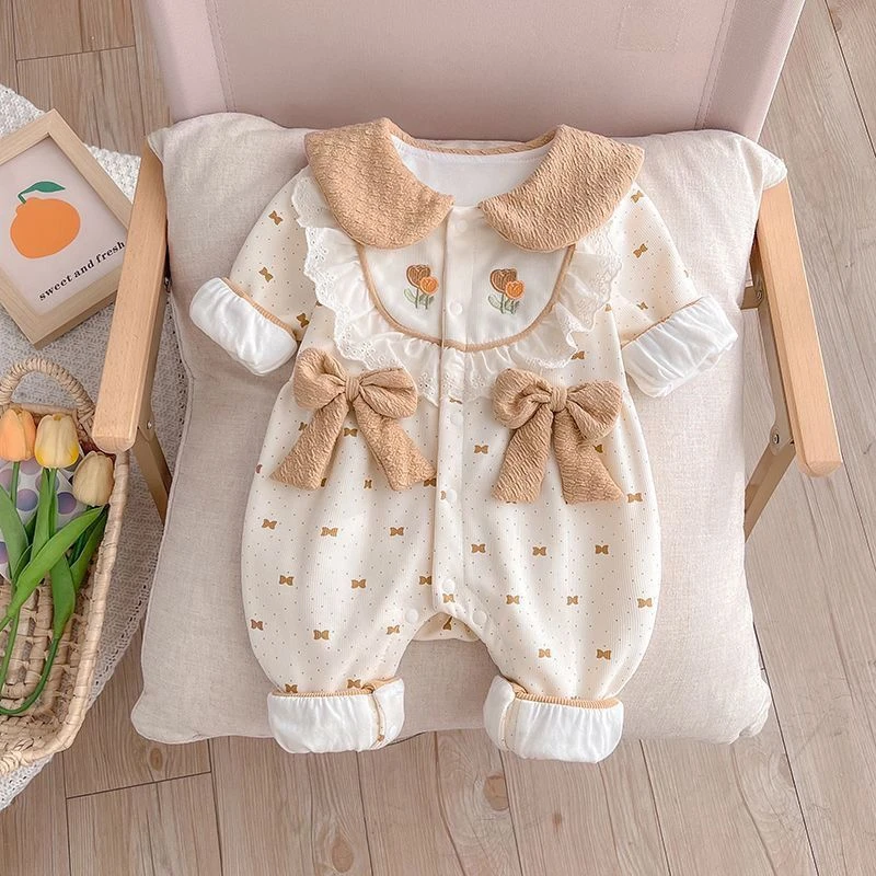 【甜蜜家】蝴蝶结薄棉圆领翻领哈衣棉服秋冬季婴幼儿女宝宝薄棉连体
