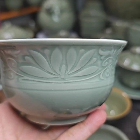 耀州窑老泥料莲纹米饭四只