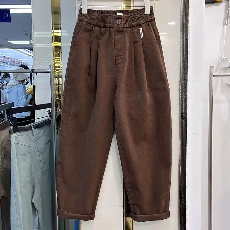 新款宽松哈伦九分裤女日系秋冬休闲老爹裤韩版松紧腰显复古萝卜裤