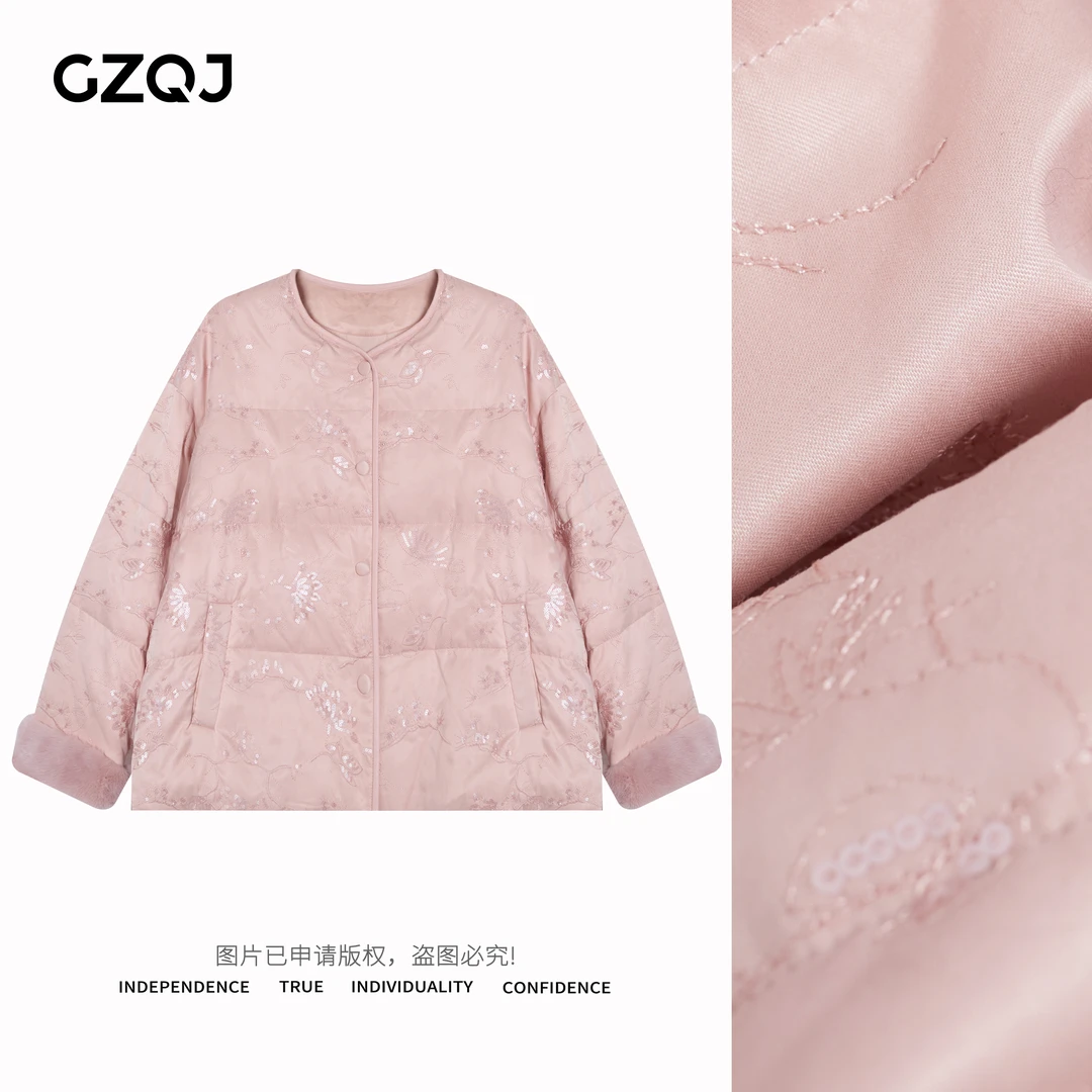 老琴私服【温润美人】中式水貂拼接绵羊皮提花鹅绒羽绒服外套女0379