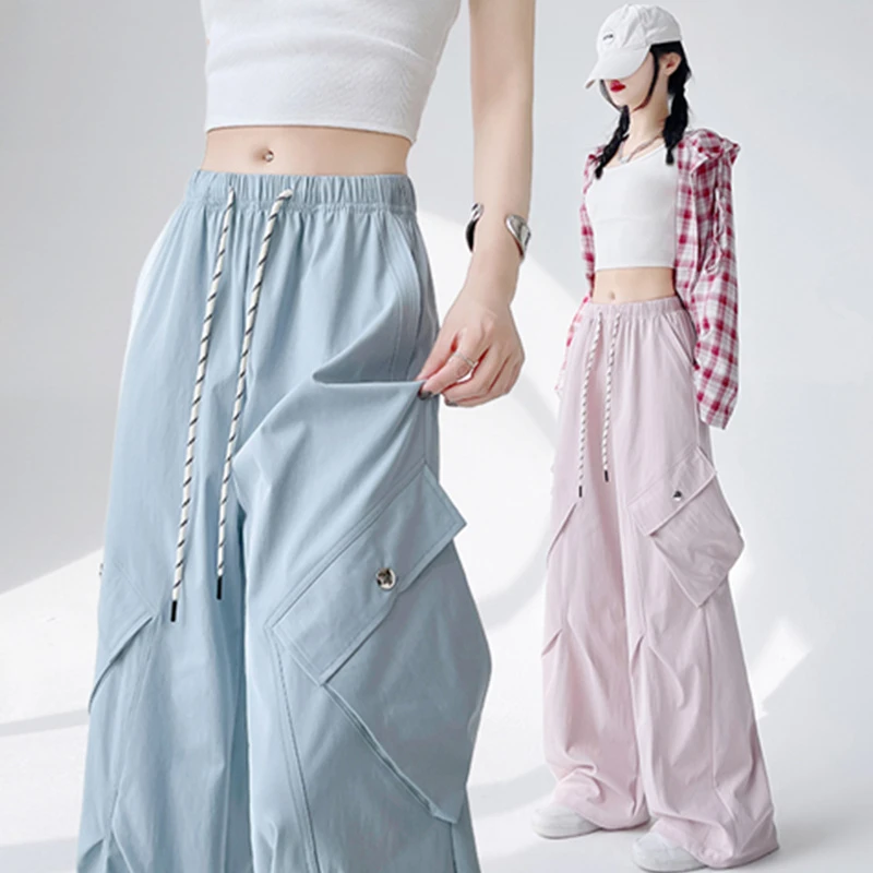 美式速干工装裤女2025新款夏季薄款宽松垂感直筒束脚运动阔腿裤子