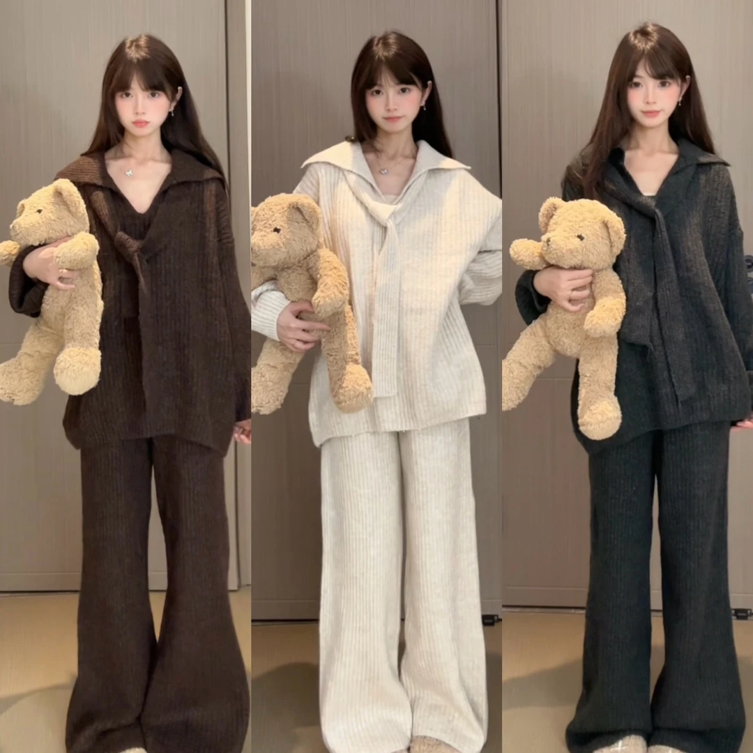 （早秋尝鲜价）慵懒纯色毛衣＋百搭休闲裤套装配飘带三件套