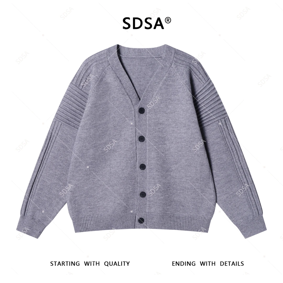 SDSA男士2025新款轻奢痞帅男装袖子条纹设计V领纽扣开衫针织毛衣