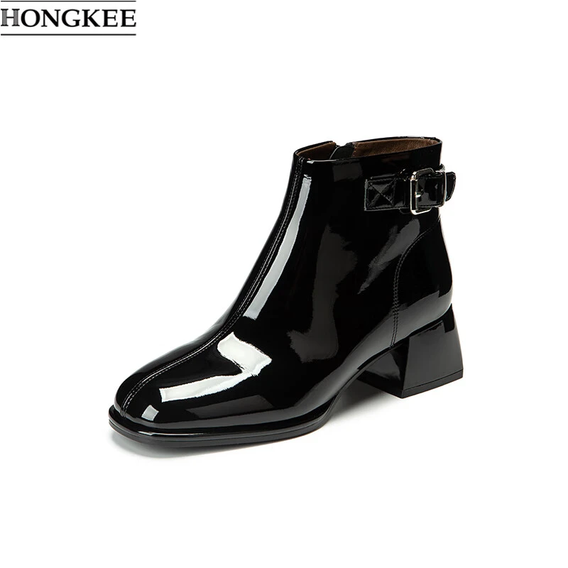 HONGKEE/红科短靴2025新款牛漆皮粗跟时装靴气质女靴子H815D412