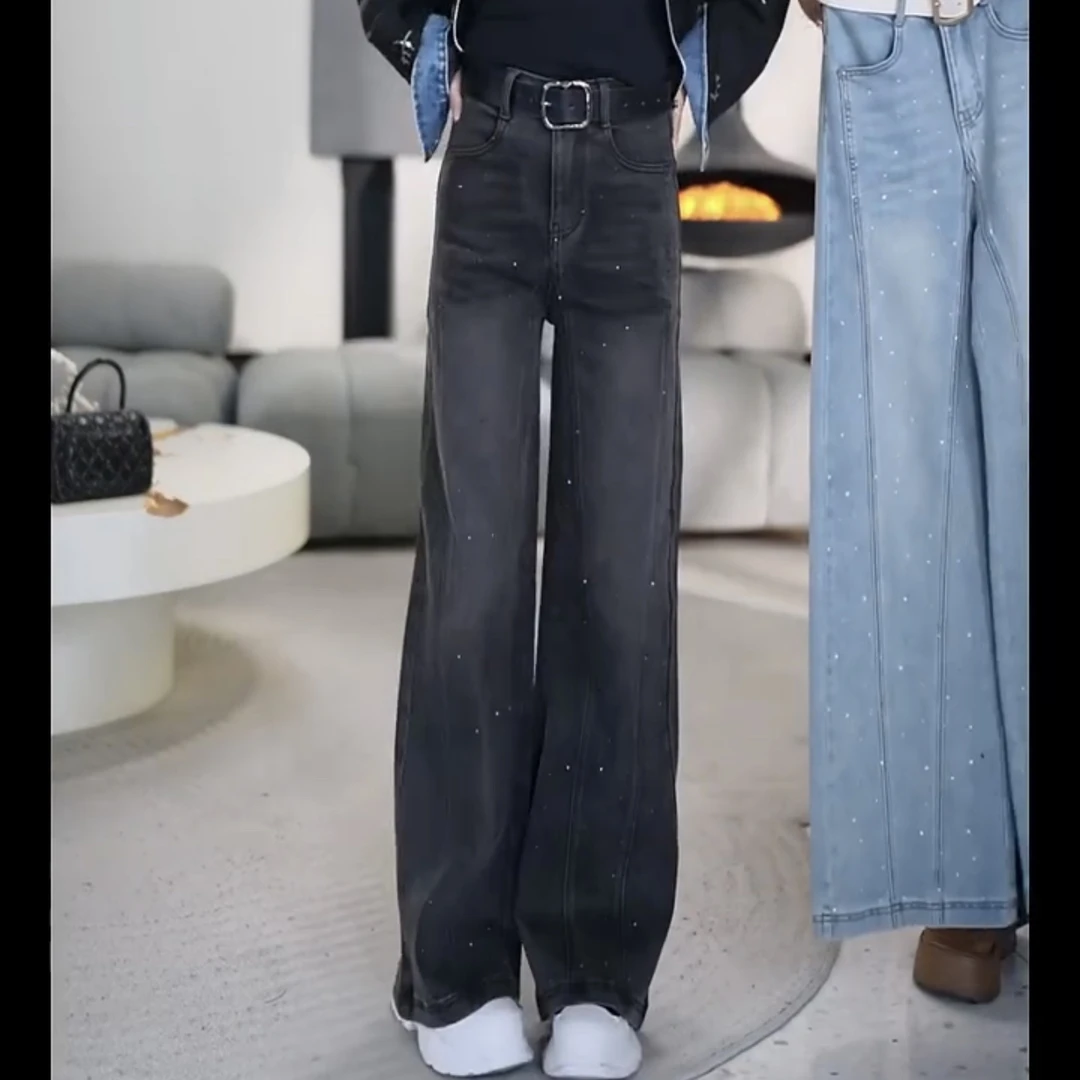 春季新款高腰显瘦直筒牛仔裤女2025烫钻黑色遮肉大码百搭阔腿裤子