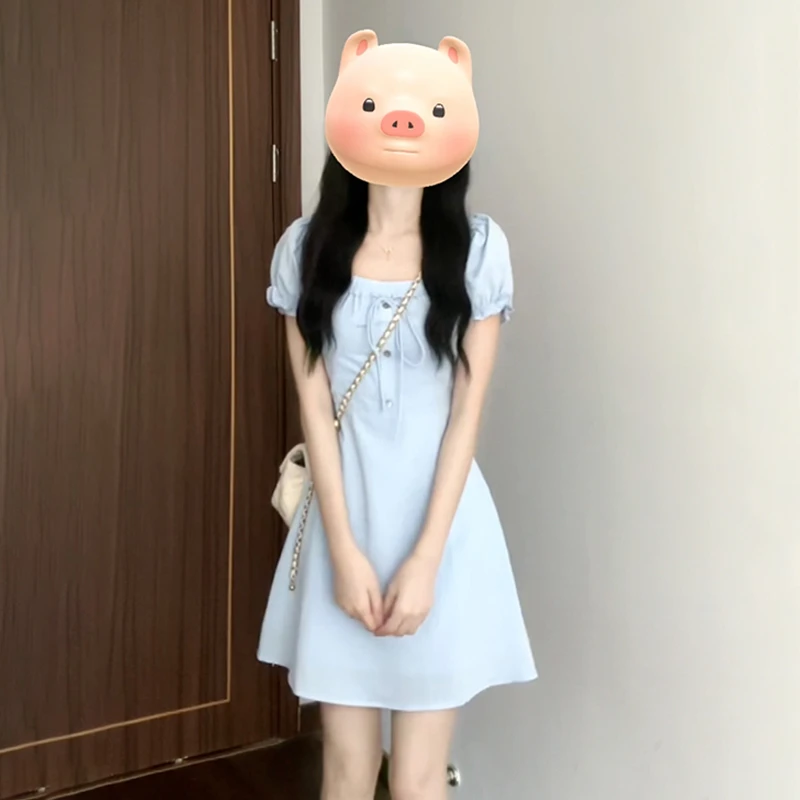 法式初恋蓝色气质方领连衣裙女夏2025新款高级感显瘦公主短裙3295