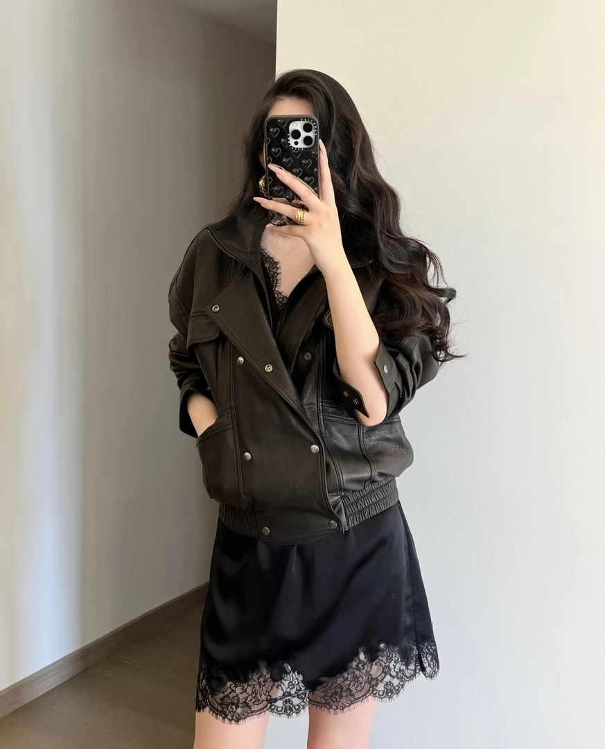 海宁真皮绵羊皮女秋款长袖宽松型皮衣皮夹克休闲时尚显瘦百搭外套