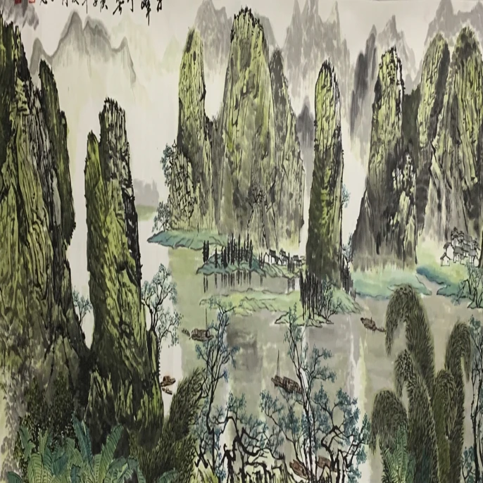 宣纸国画山水桂林山水画心尺寸69X180全绫托裱挂画客厅